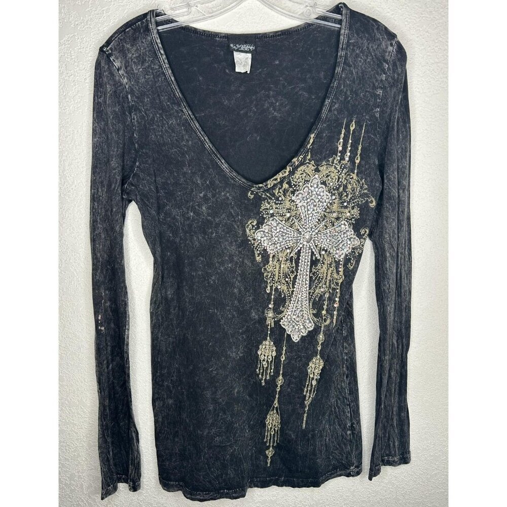 Vintage Daytrip Shirt Womens L Black Acid Wash Rhinestone Cross Y2K V Neck Top